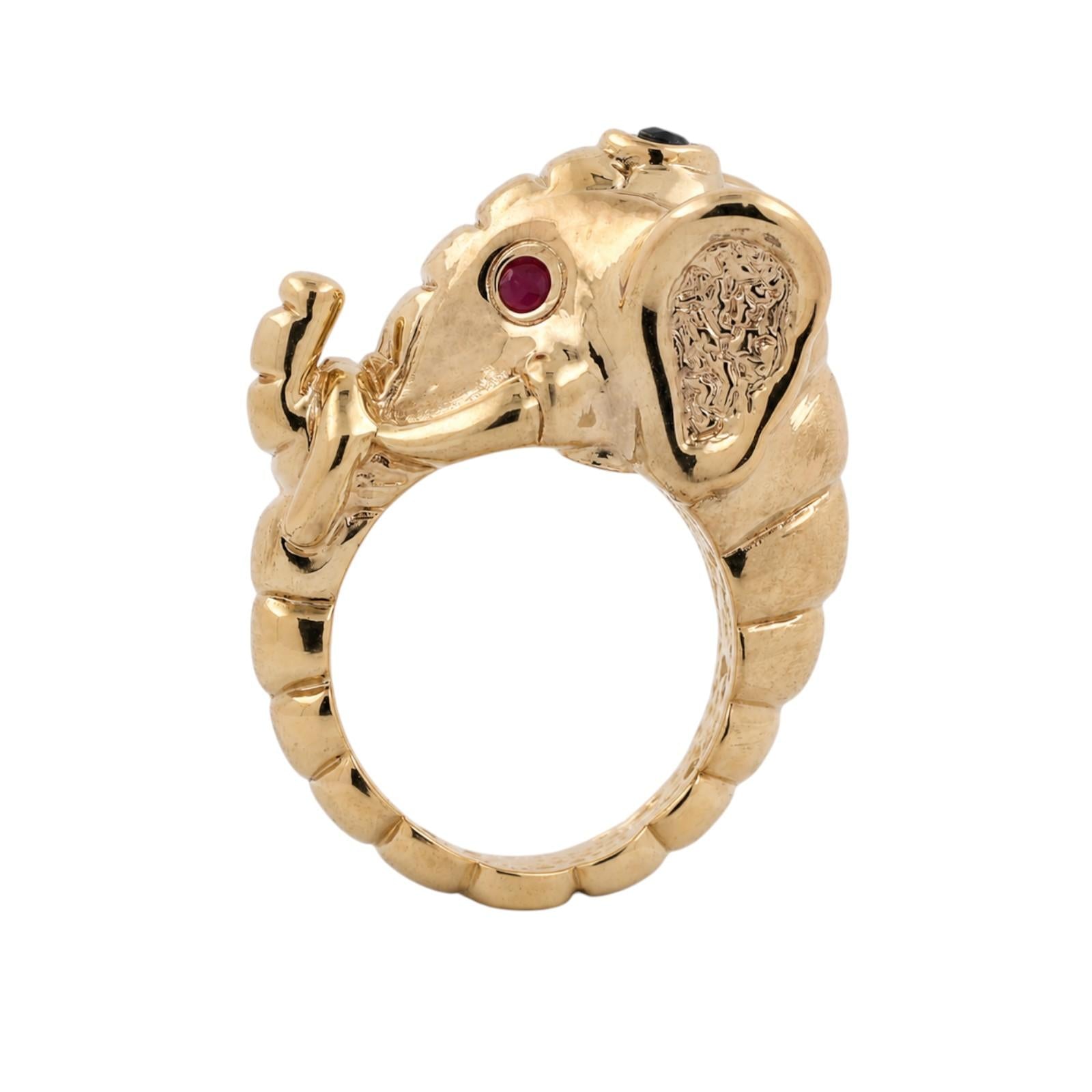 14K Yellow Gold Elephant Head Ruby Sapphire Statement Ring Size 8 Estate