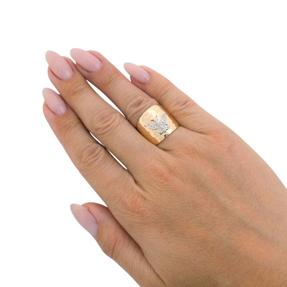 Natural Diamond Butterfly Wide Band Ring Two Tone Hammered Gold 0.20 CTW Size 6