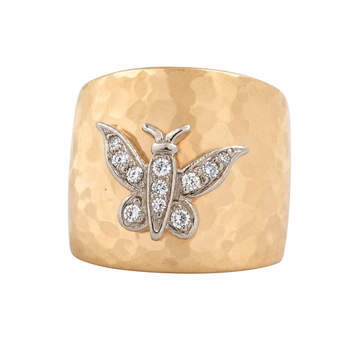 Natural Diamond Butterfly Wide Band Ring Two Tone Hammered Gold 0.20 CTW Size 6