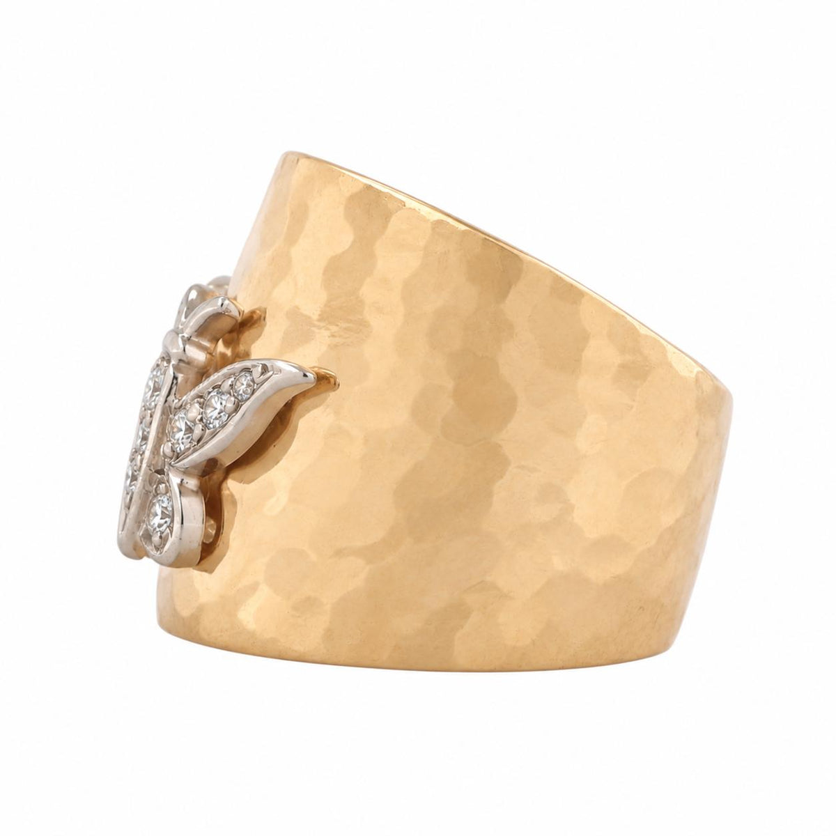 Natural Diamond Butterfly Wide Band Ring Two Tone Hammered Gold 0.20 CTW Size 6
