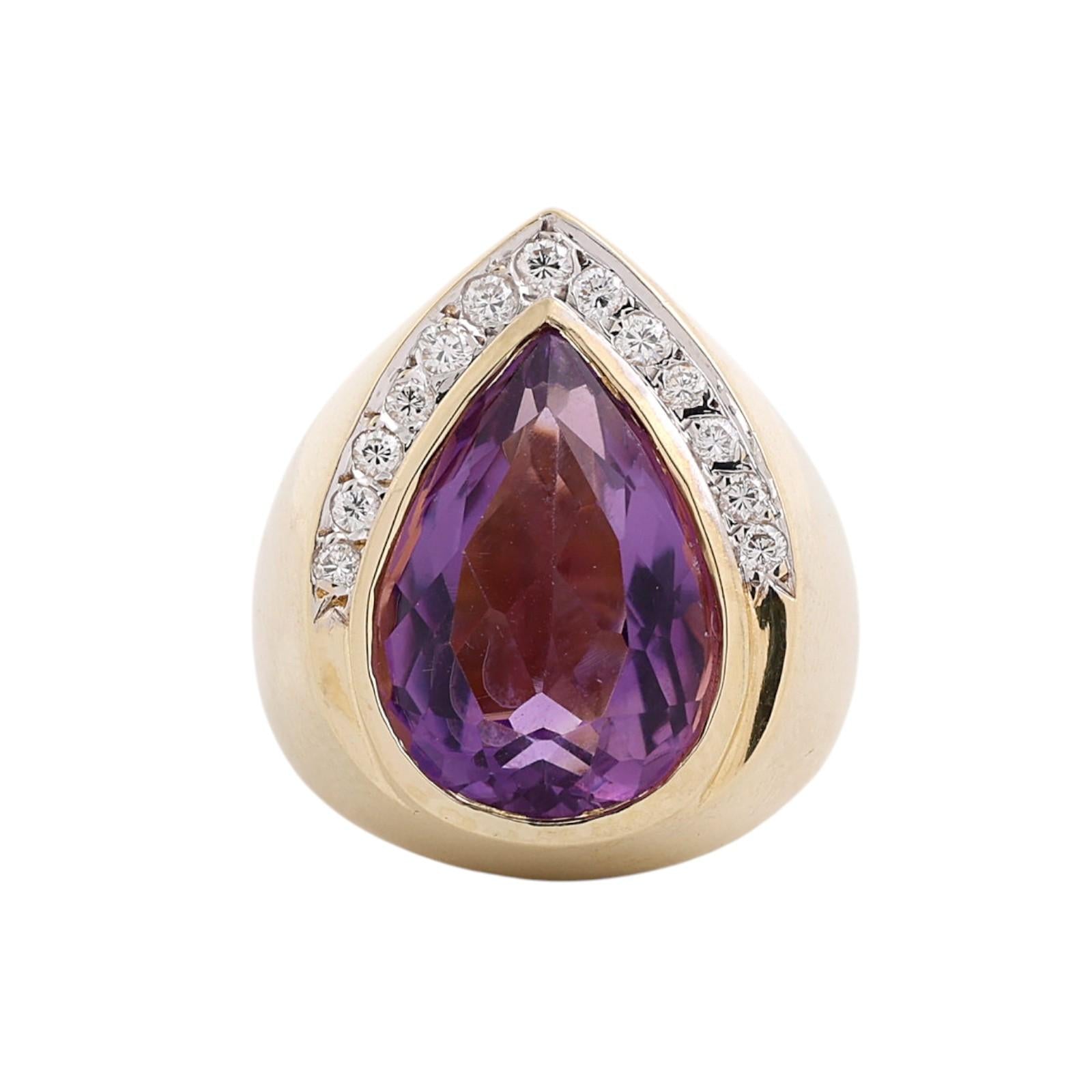 14K Two Tone Gold 7.62CTW Amethyst Diamond Pear Statement Ring 7.25CT Size 6