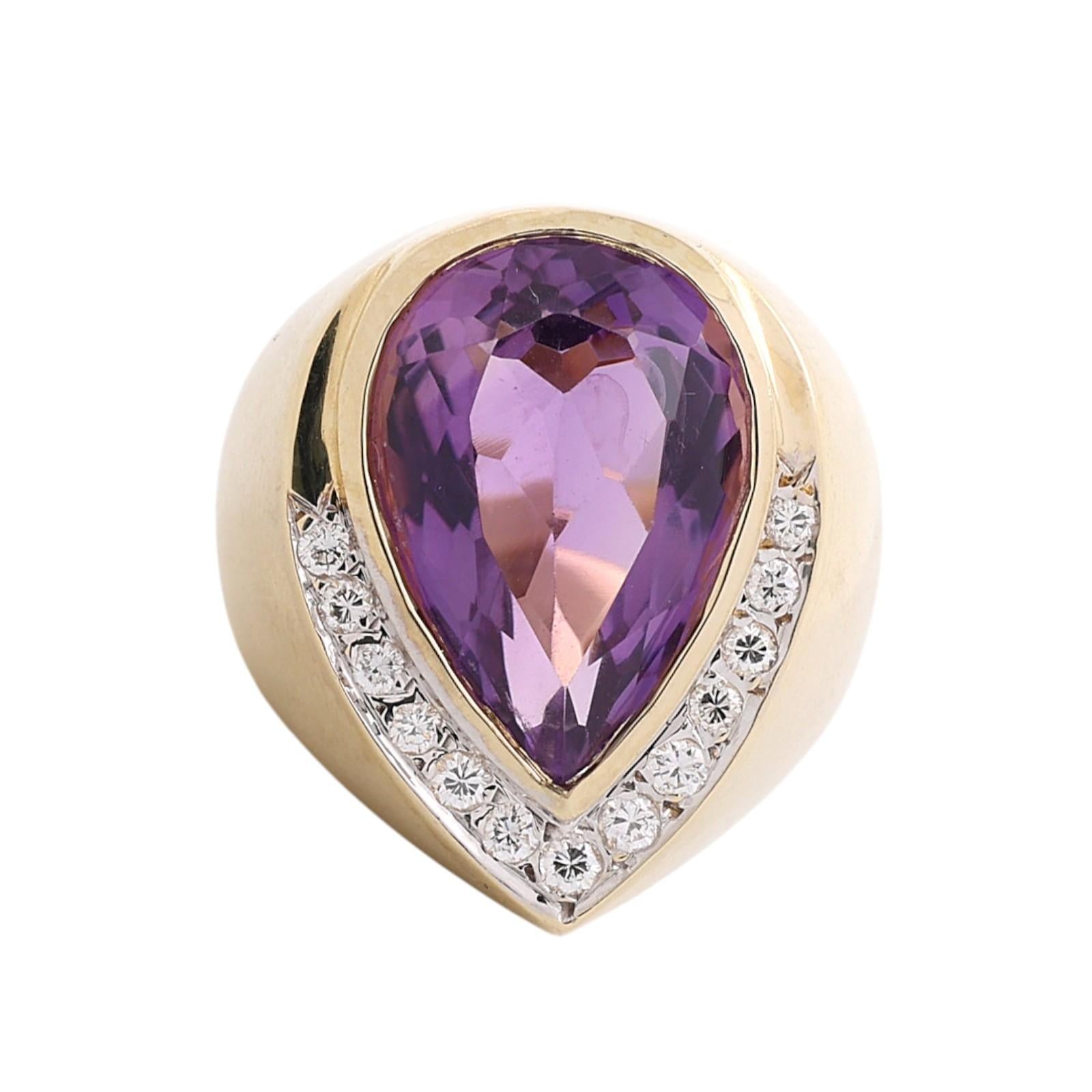 14K Two Tone Gold 7.62CTW Amethyst Diamond Pear Statement Ring 7.25CT Size 6