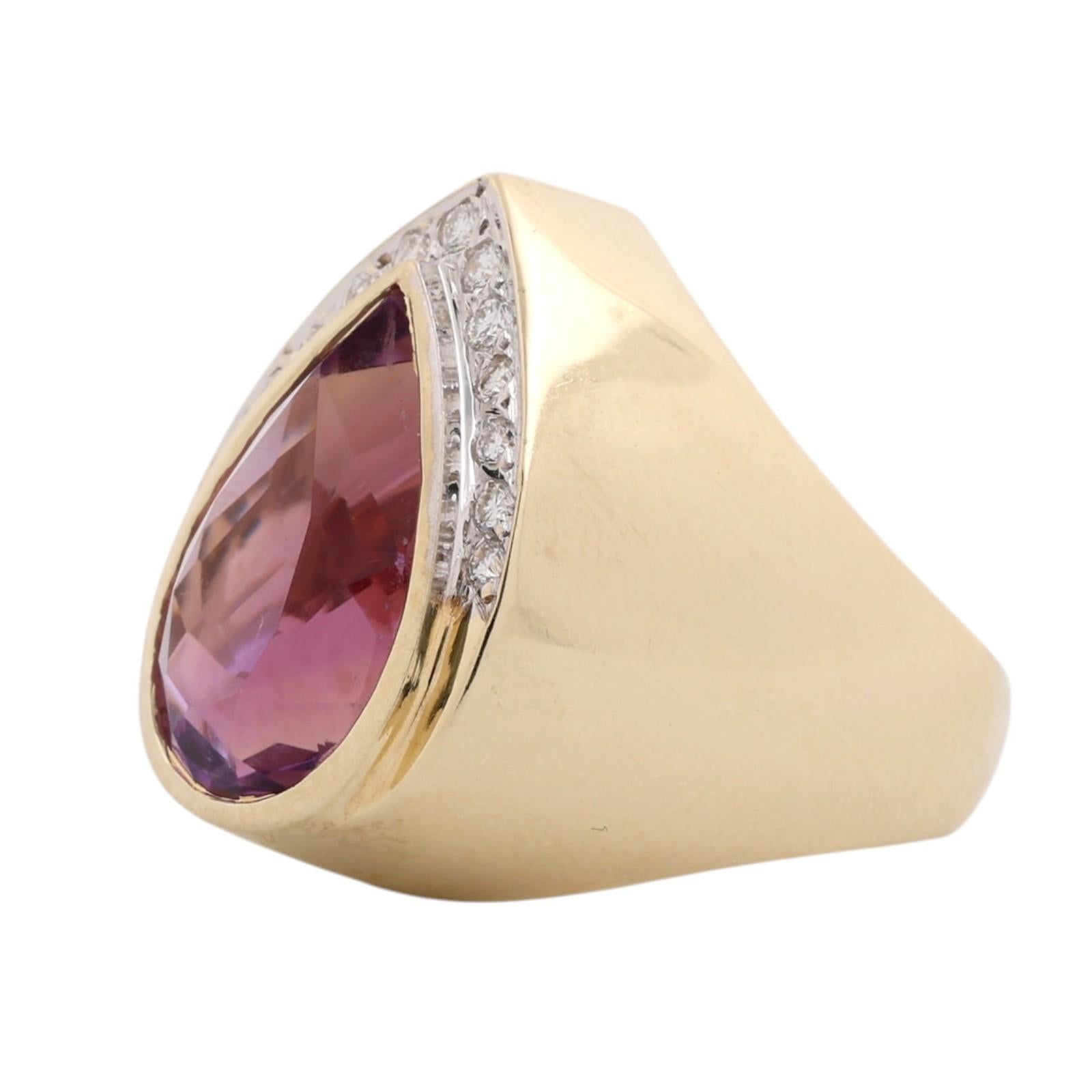 14K Two Tone Gold 7.62CTW Amethyst Diamond Pear Statement Ring 7.25CT Size 6
