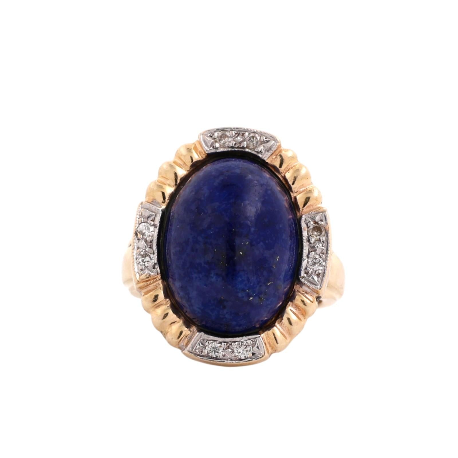 Two Tone Gold Lapis Lazuli Diamond Cocktail Ring Oval Cabochon Size 5.5