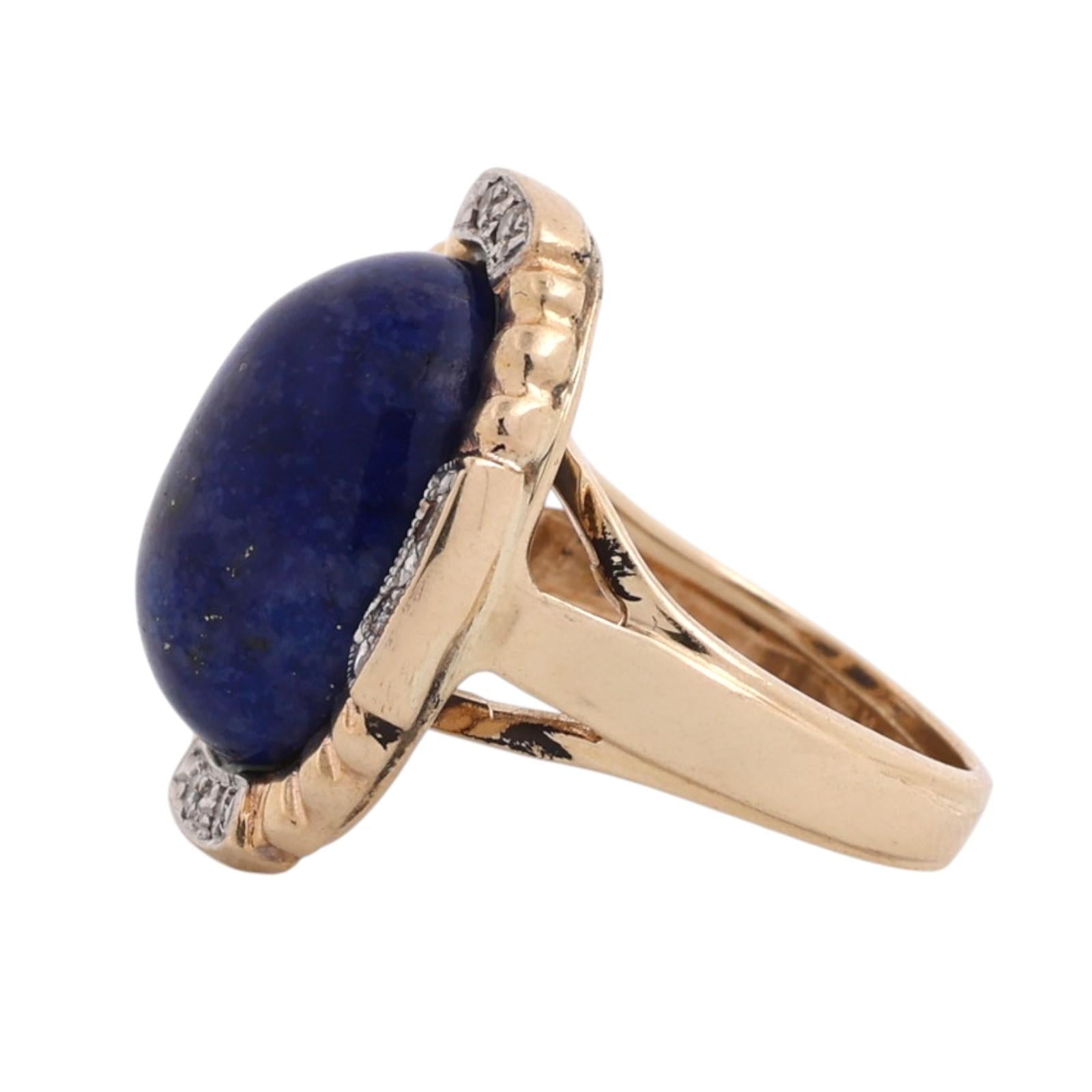 Two Tone Gold Lapis Lazuli Diamond Cocktail Ring Oval Cabochon Size 5.5