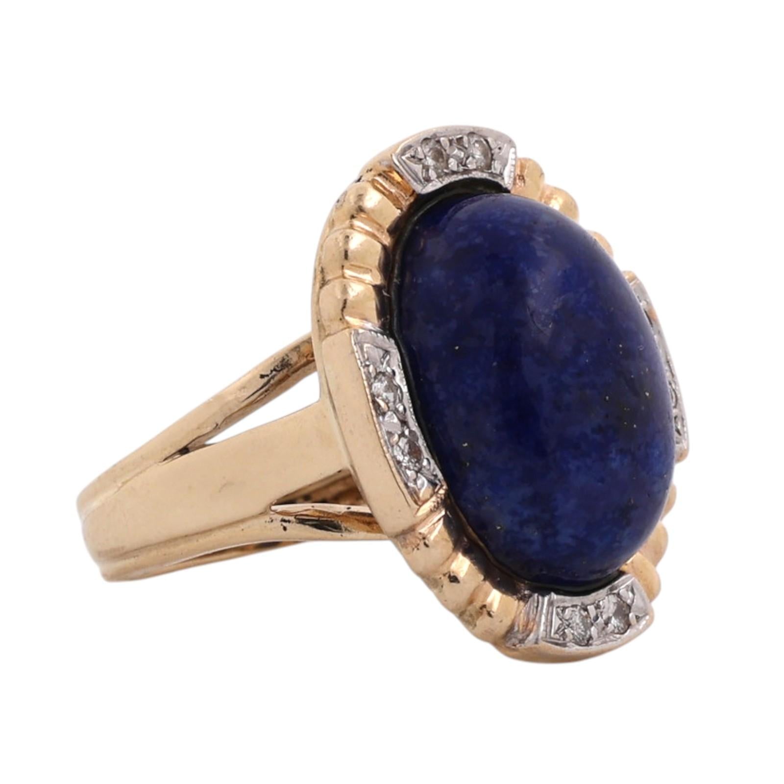 Two Tone Gold Lapis Lazuli Diamond Cocktail Ring Oval Cabochon Size 5.5