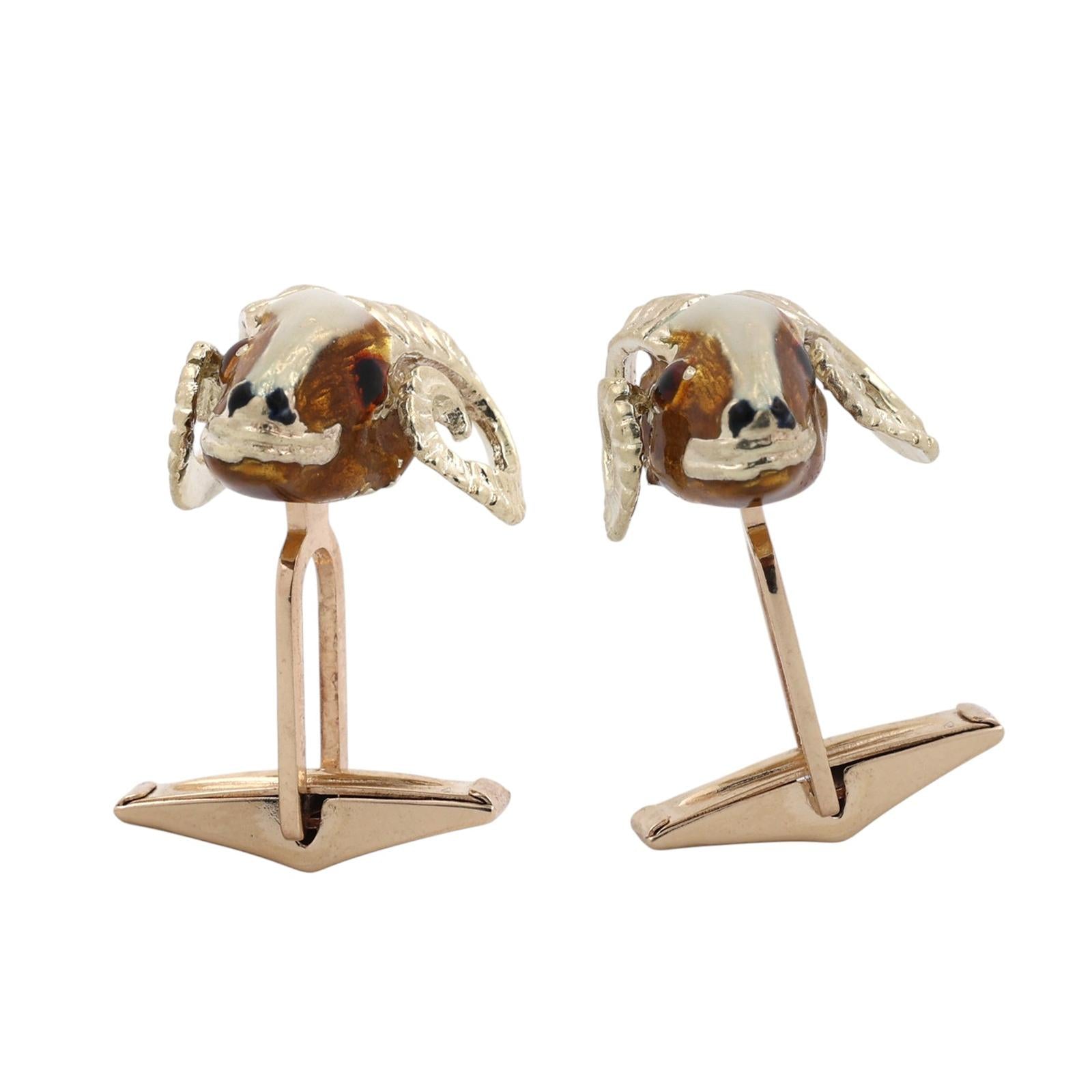 14K Yellow Gold Enamel Ram Head Whale Tail Back Cufflinks Men's Estate