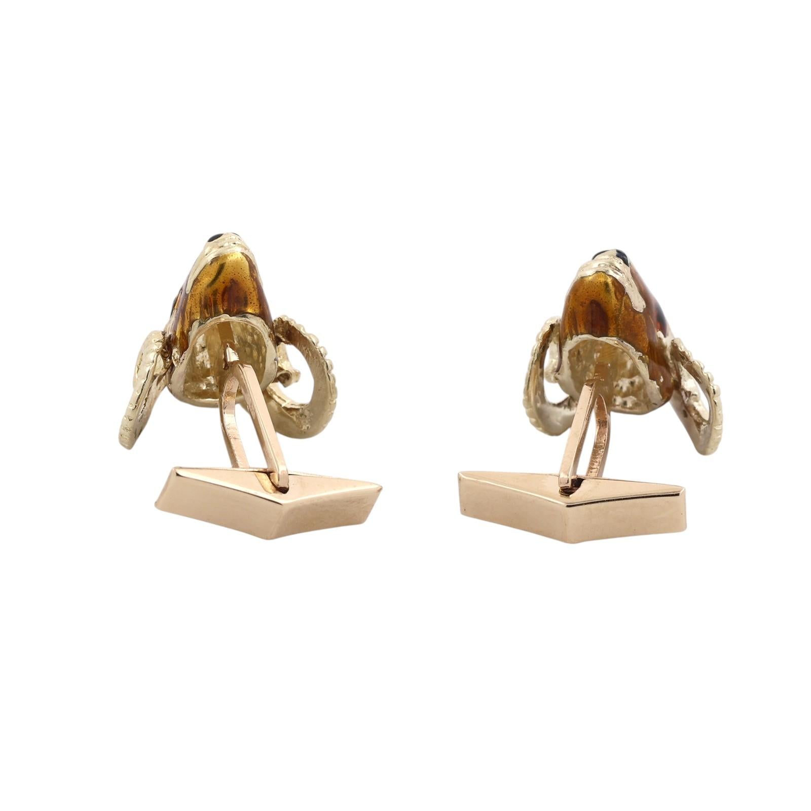 14K Yellow Gold Enamel Ram Head Whale Tail Back Cufflinks Men's Estate