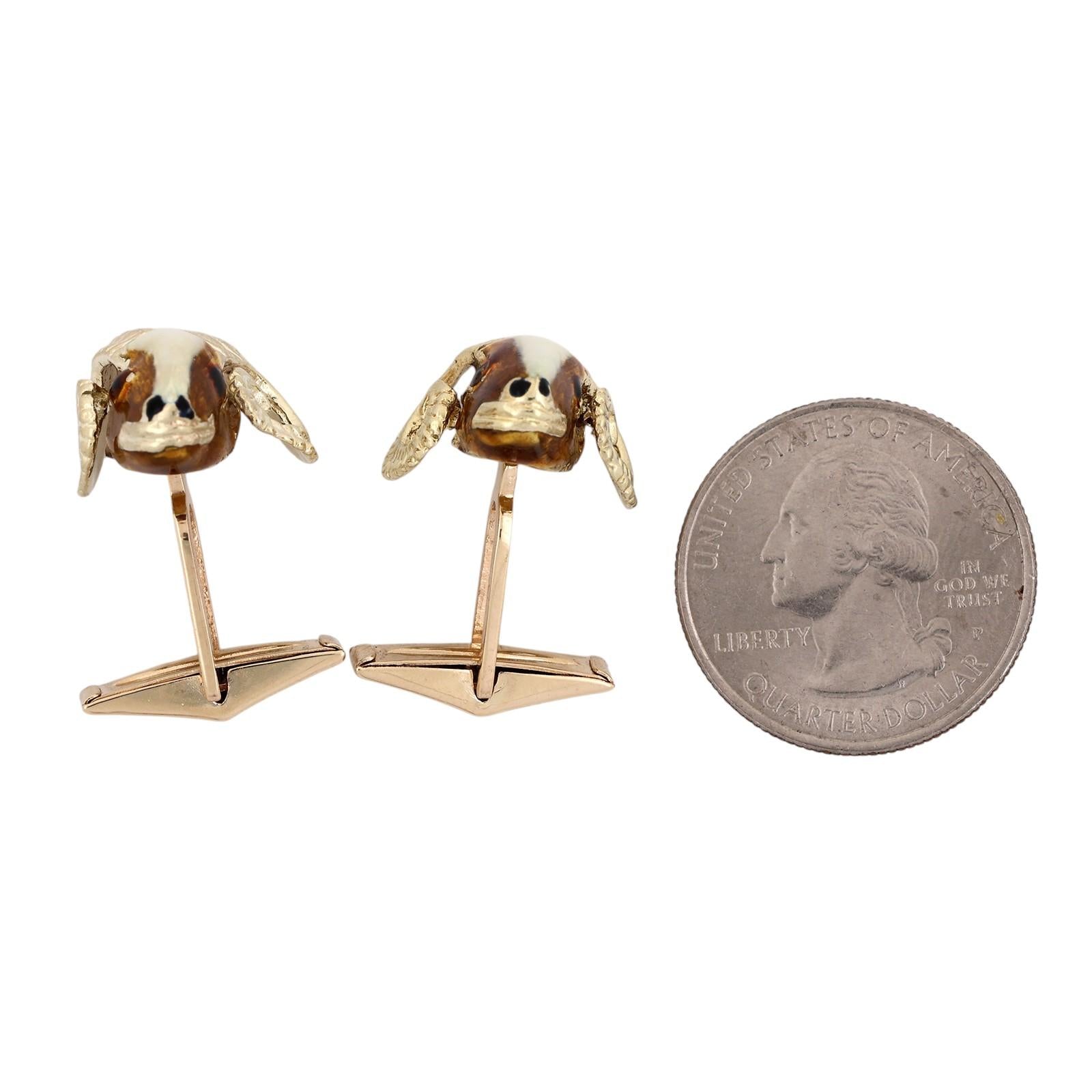 14K Yellow Gold Enamel Ram Head Whale Tail Back Cufflinks Men's Estate