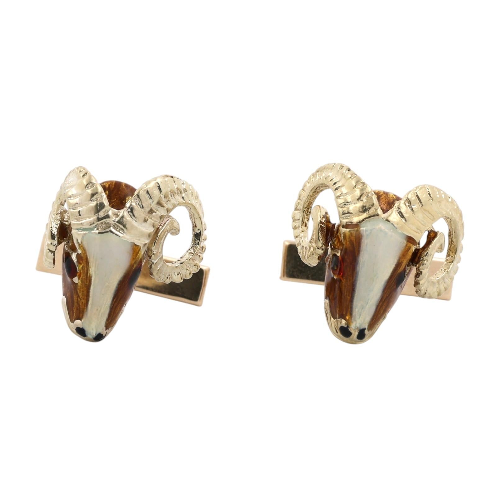 14K Yellow Gold Enamel Ram Head Whale Tail Back Cufflinks Men's Estate