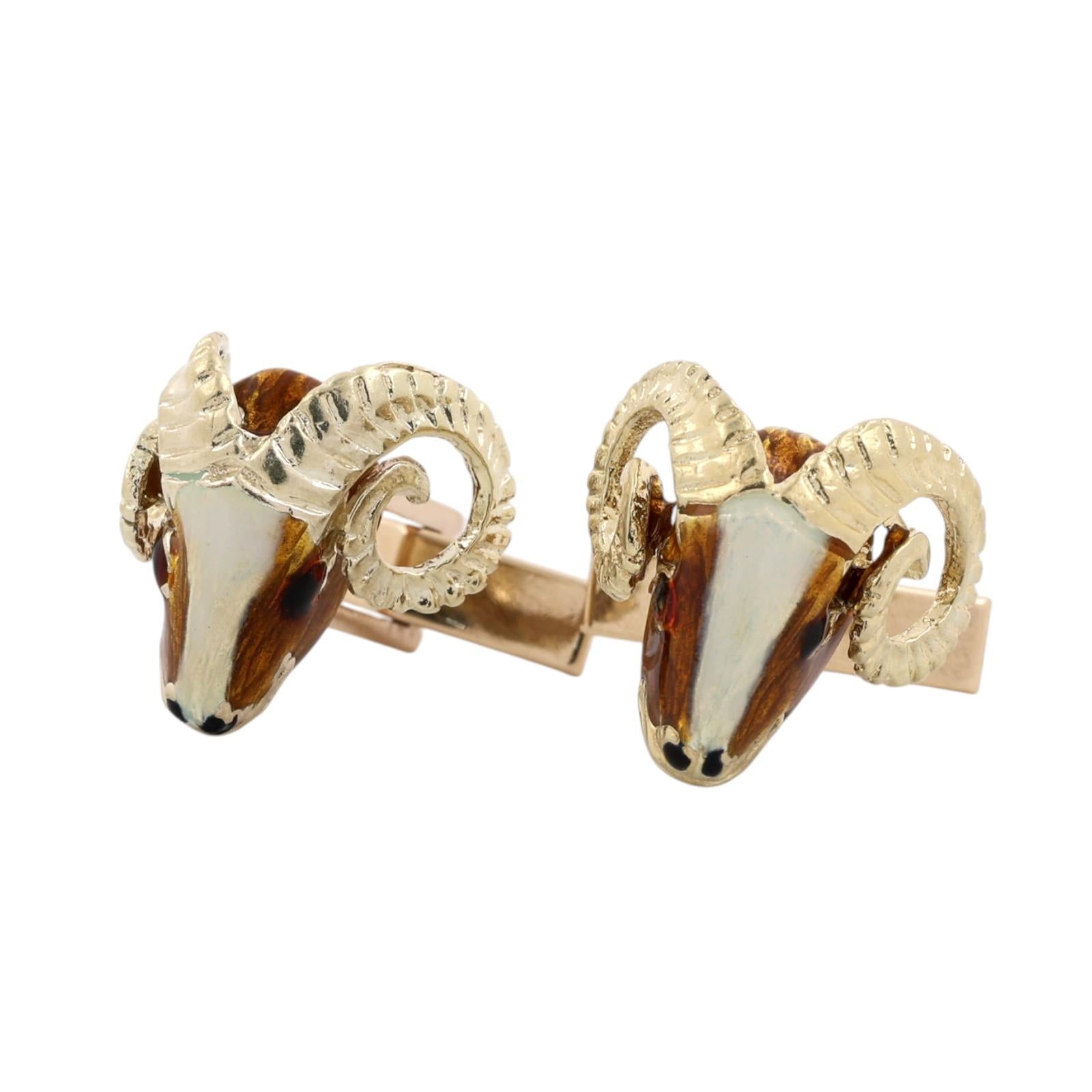 14K Yellow Gold Enamel Ram Head Whale Tail Back Cufflinks Men's Estate