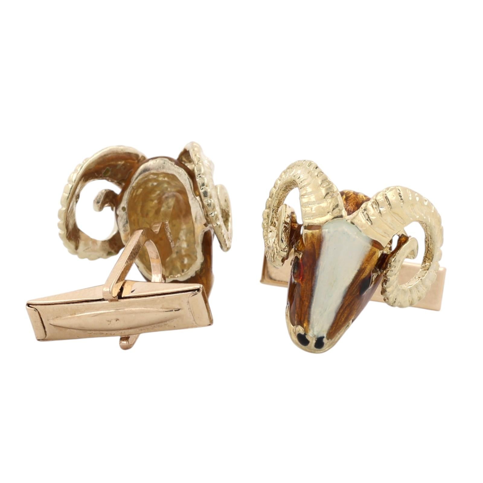 14K Yellow Gold Enamel Ram Head Whale Tail Back Cufflinks Men's Estate