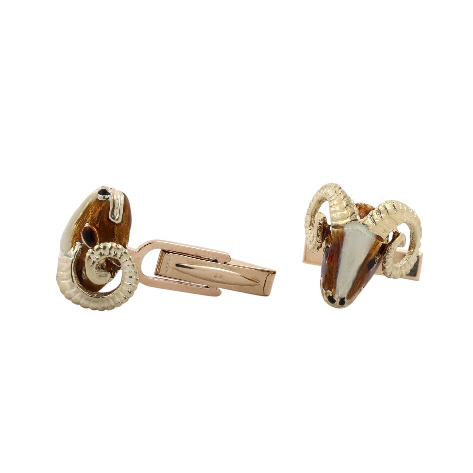14K Yellow Gold Enamel Ram Head Whale Tail Back Cufflinks Men's Estate