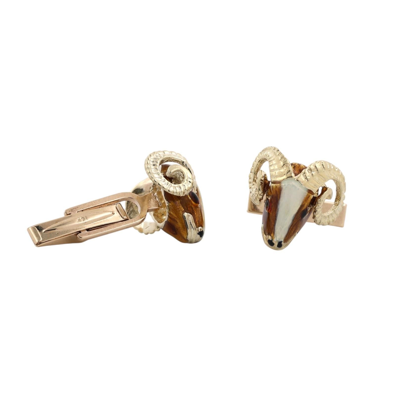 14K Yellow Gold Enamel Ram Head Whale Tail Back Cufflinks Men's Estate