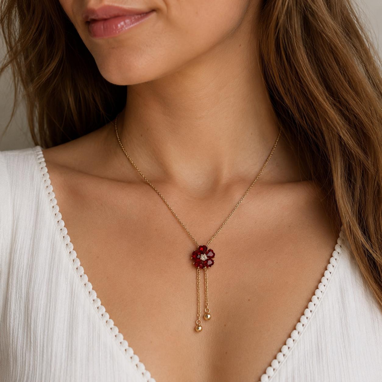 Yellow Gold Garnet Diamond Flower Necklace 4.75CTW Heart Garnets Estate 16.5in