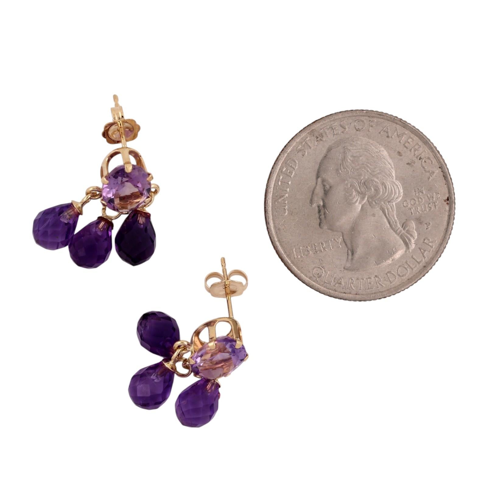 7.60CTW Amethyst Chandelier Drop Earrings 14K Yellow Gold Briolette Estate
