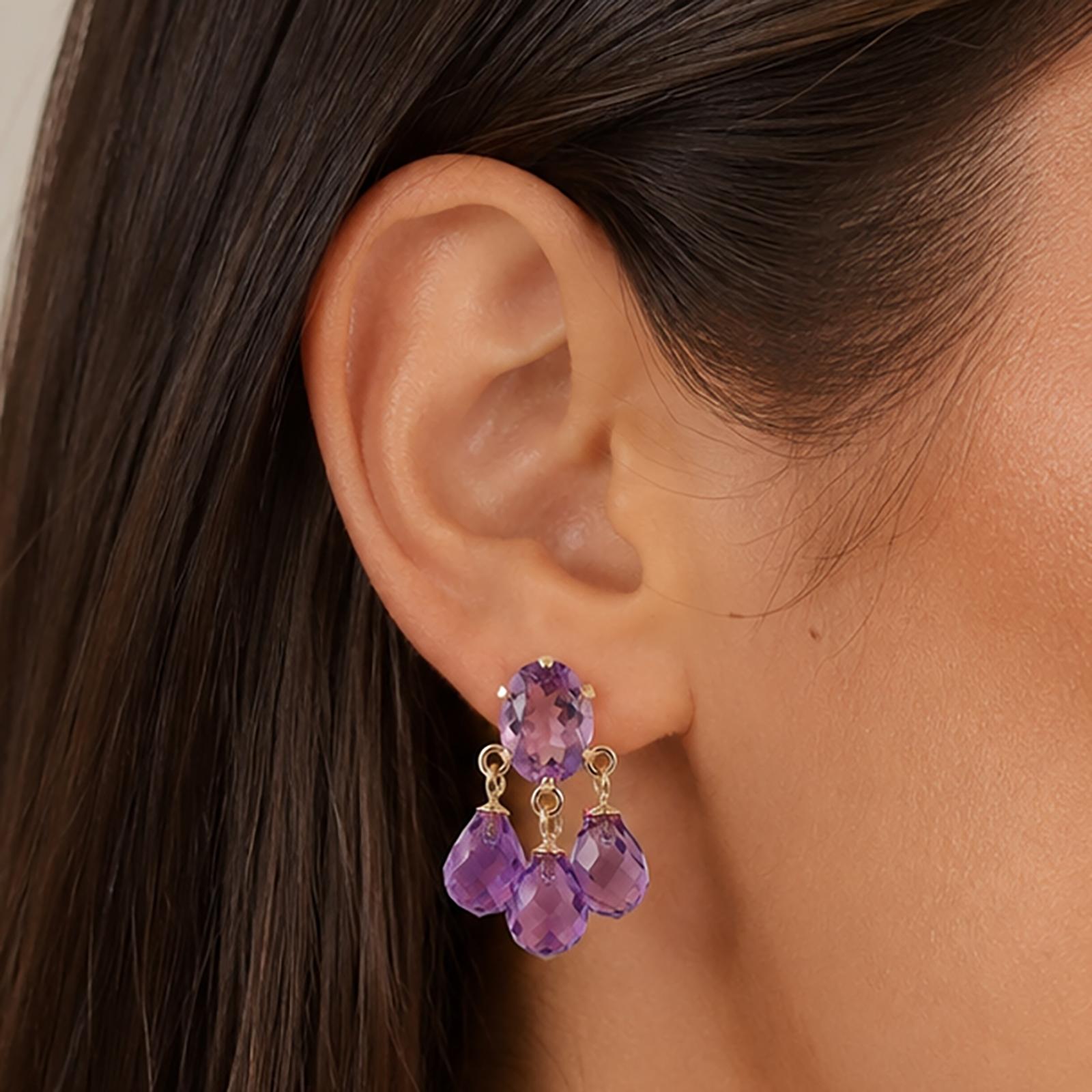 7.60CTW Amethyst Chandelier Drop Earrings 14K Yellow Gold Briolette Estate