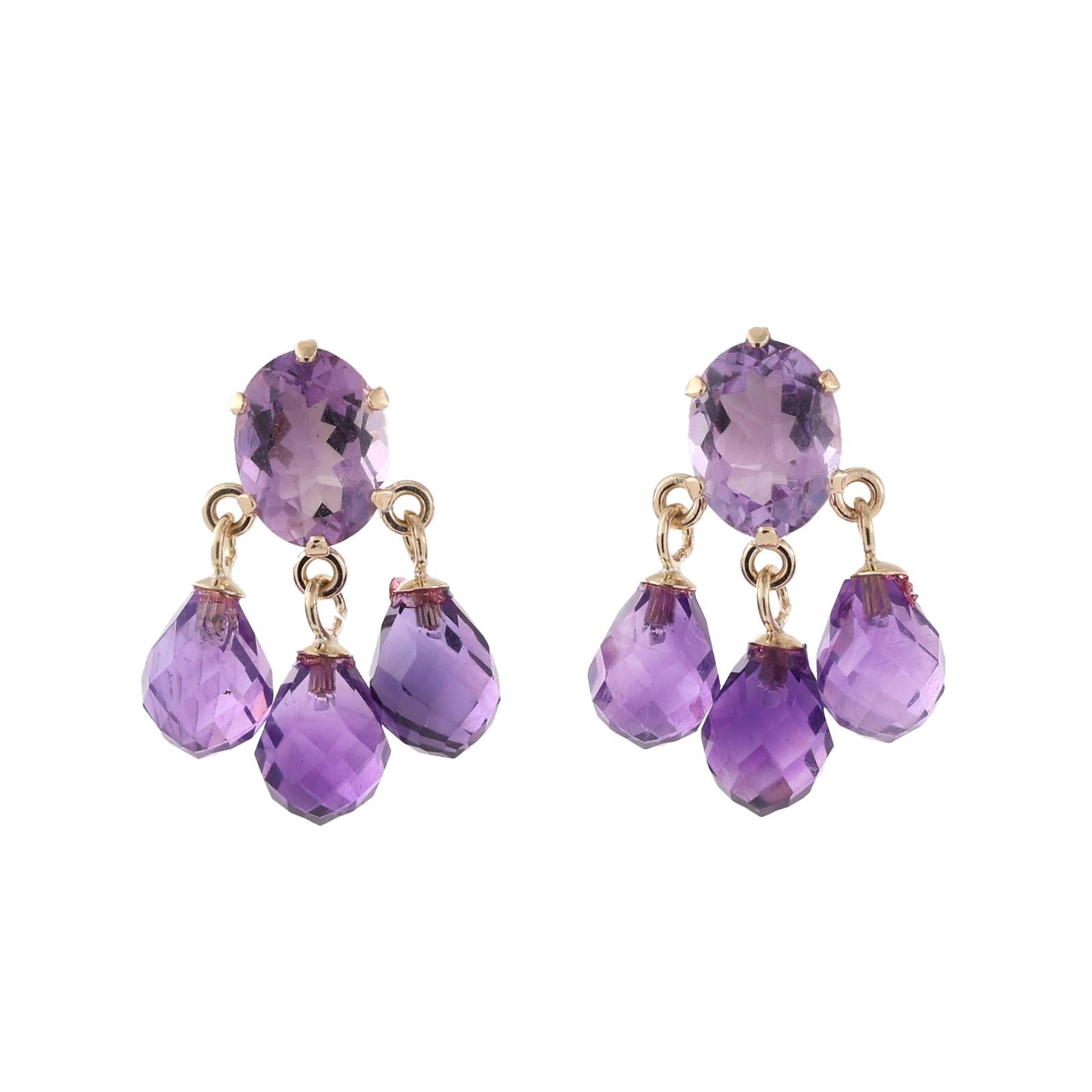 7.60CTW Amethyst Chandelier Drop Earrings 14K Yellow Gold Briolette Estate