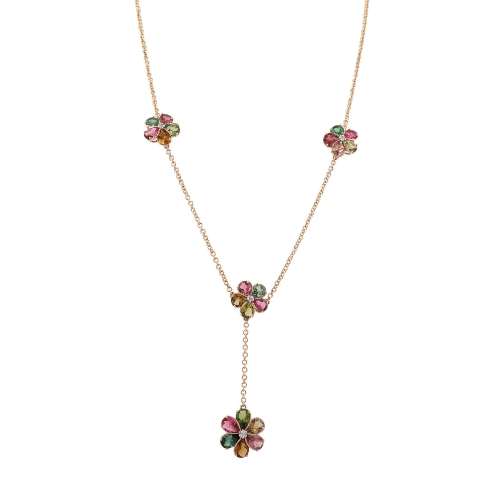 14K Gold Multi Color Tourmaline Diamond Flower Station Necklace 18"