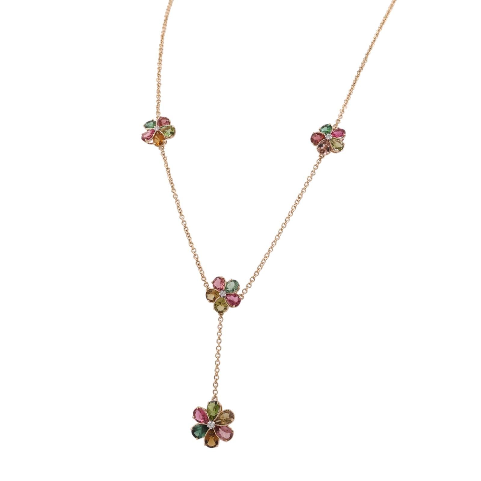 14K Gold Multi Color Tourmaline Diamond Flower Station Necklace 18"