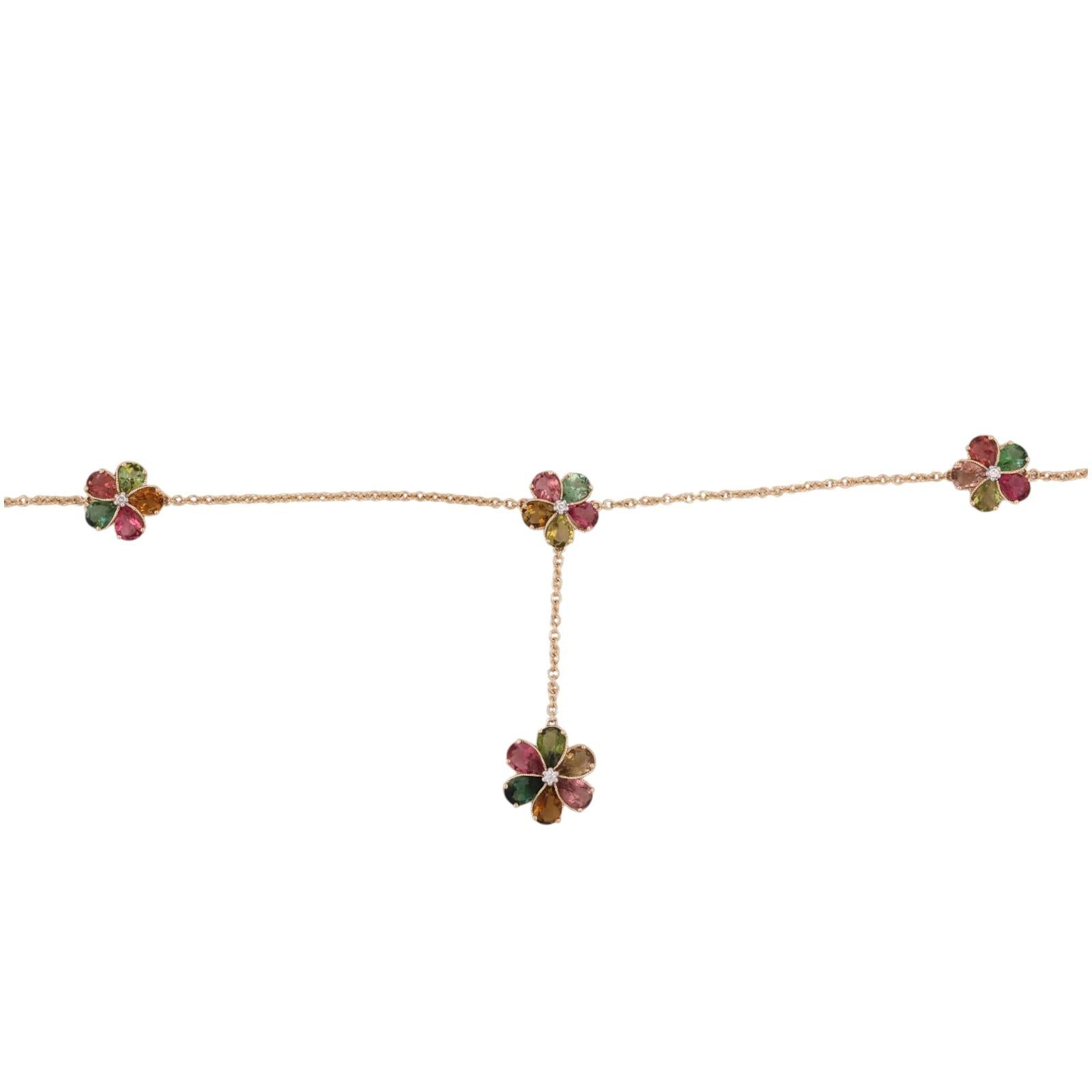 14K Gold Multi Color Tourmaline Diamond Flower Station Necklace 18"