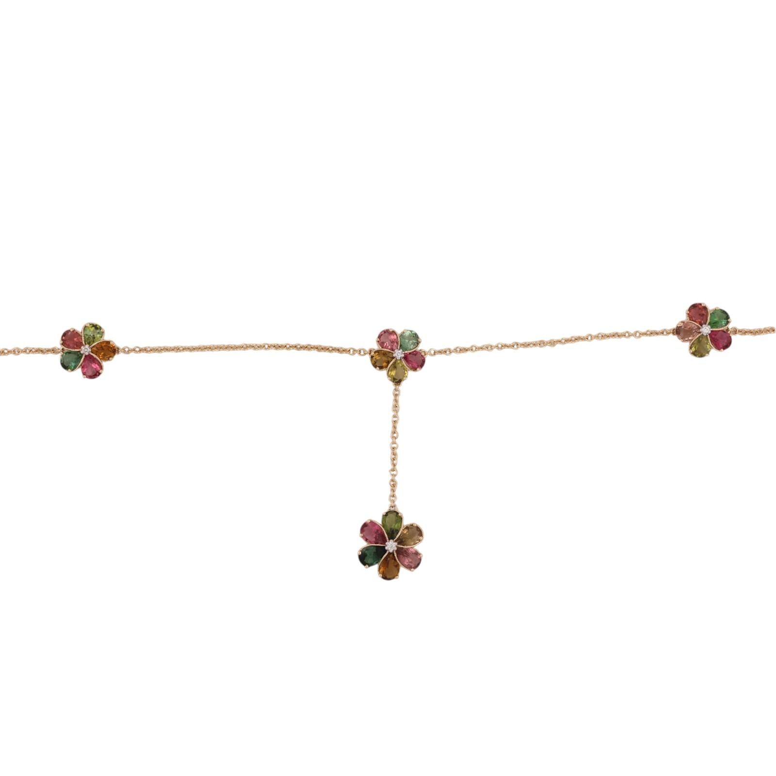 14K Gold Multi Color Tourmaline Diamond Flower Station Necklace 18"