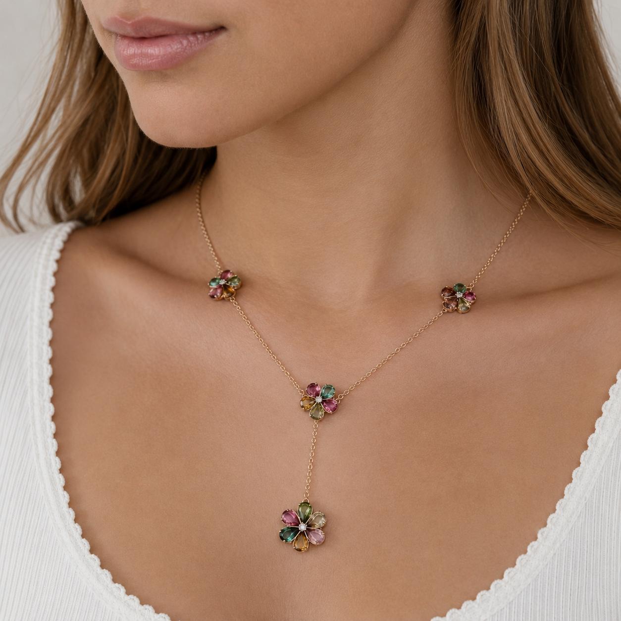 14K Gold Multi Color Tourmaline Diamond Flower Station Necklace 18"