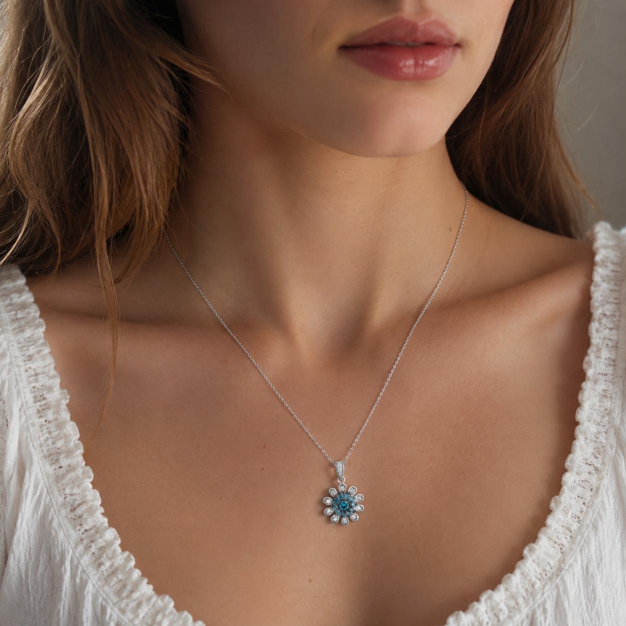 14K White Gold Blue & White Diamond Flower Pendant Chain Necklace 0.65CTW 18-20"