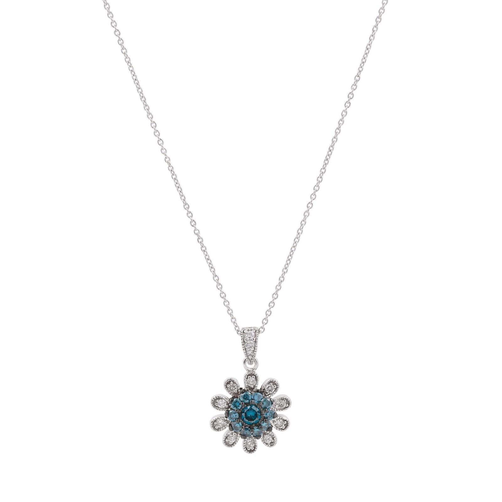 14K White Gold Blue & White Diamond Flower Pendant Chain Necklace 0.65CTW 18-20"