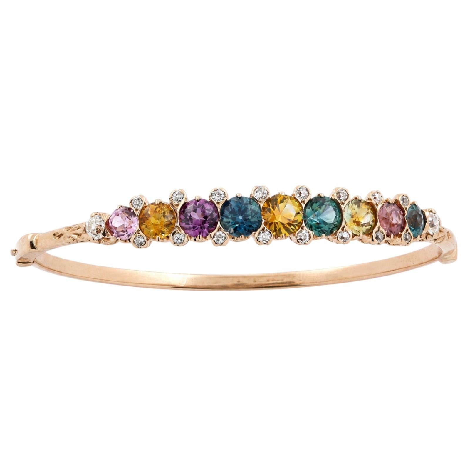 Yellow Gold Multicolored Sapphire Diamond Bangle Bracelet 4.25CTW Estate 6"