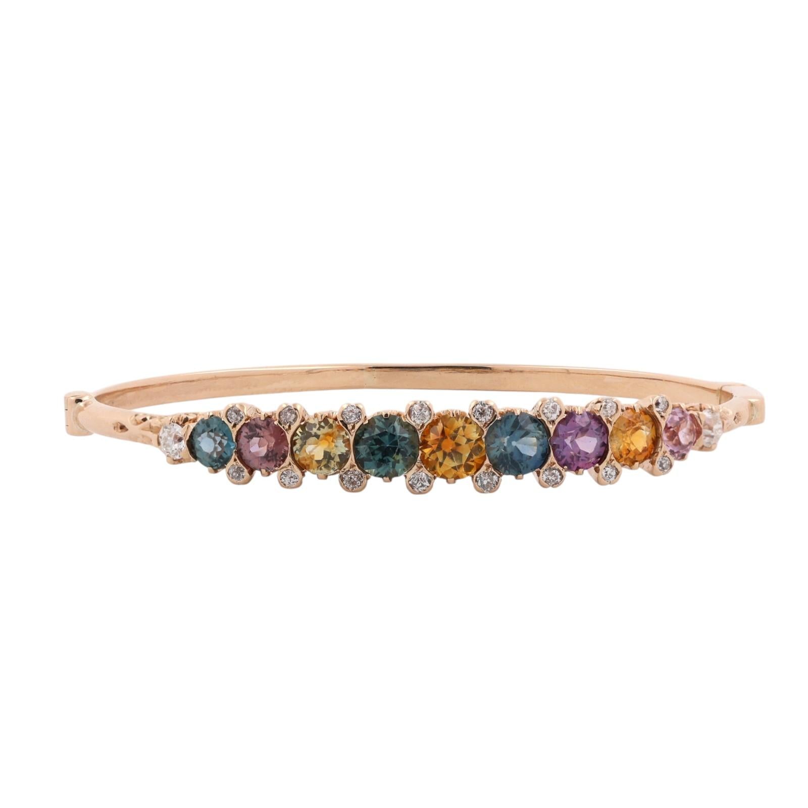 Yellow Gold Multicolored Sapphire Diamond Bangle Bracelet 4.25CTW Estate 6"
