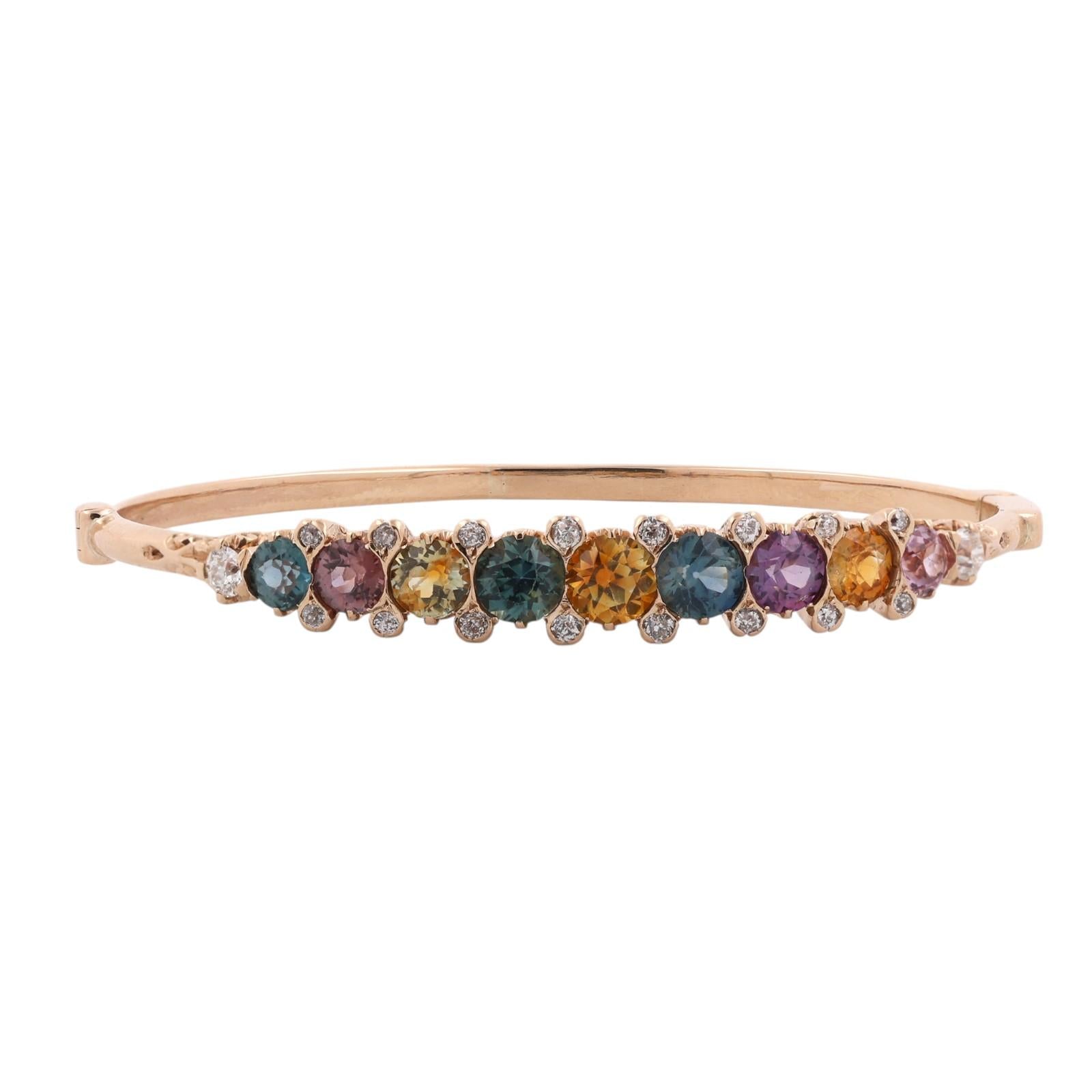 Yellow Gold Multicolored Sapphire Diamond Bangle Bracelet 4.25CTW Estate 6"