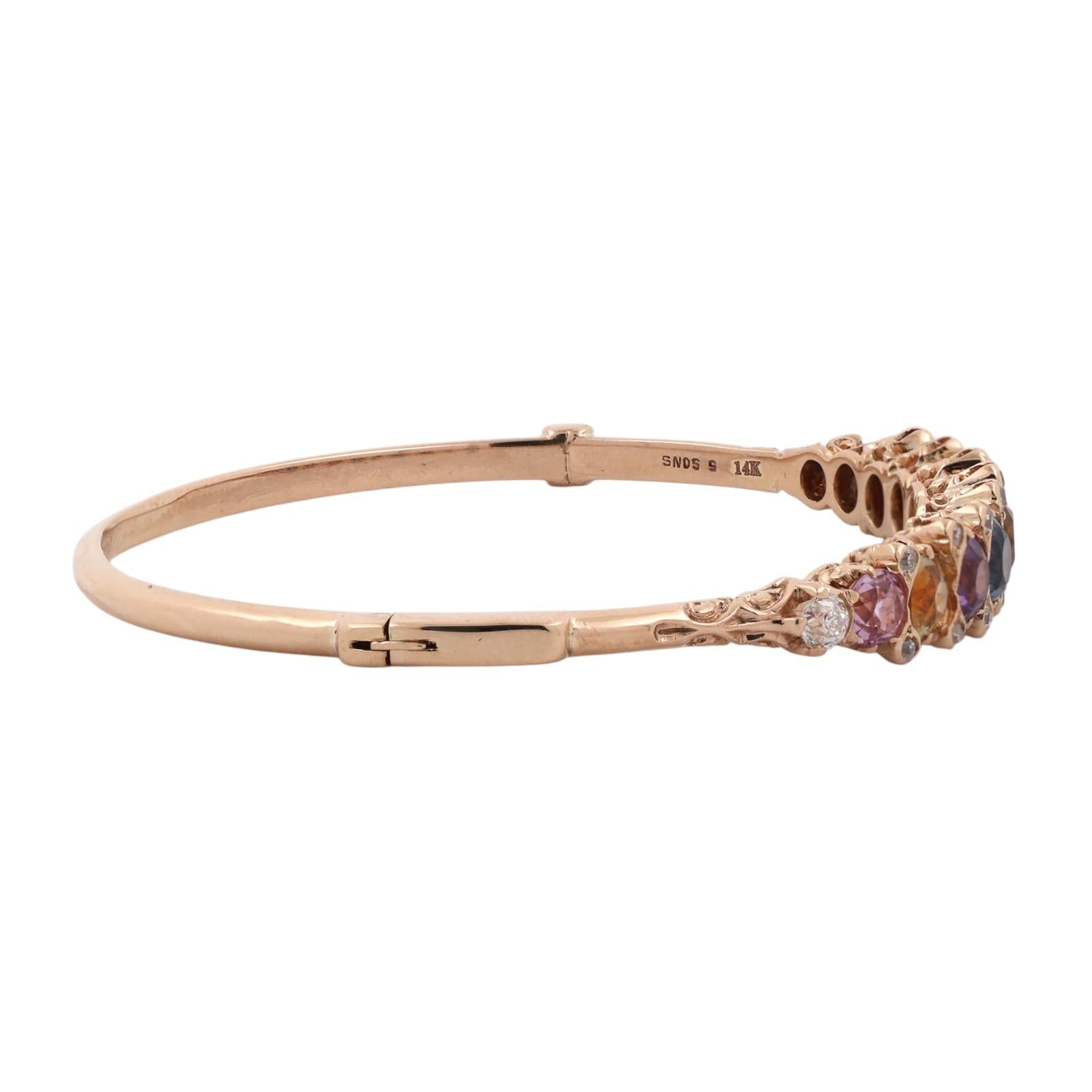 Yellow Gold Multicolored Sapphire Diamond Bangle Bracelet 4.25CTW Estate 6"