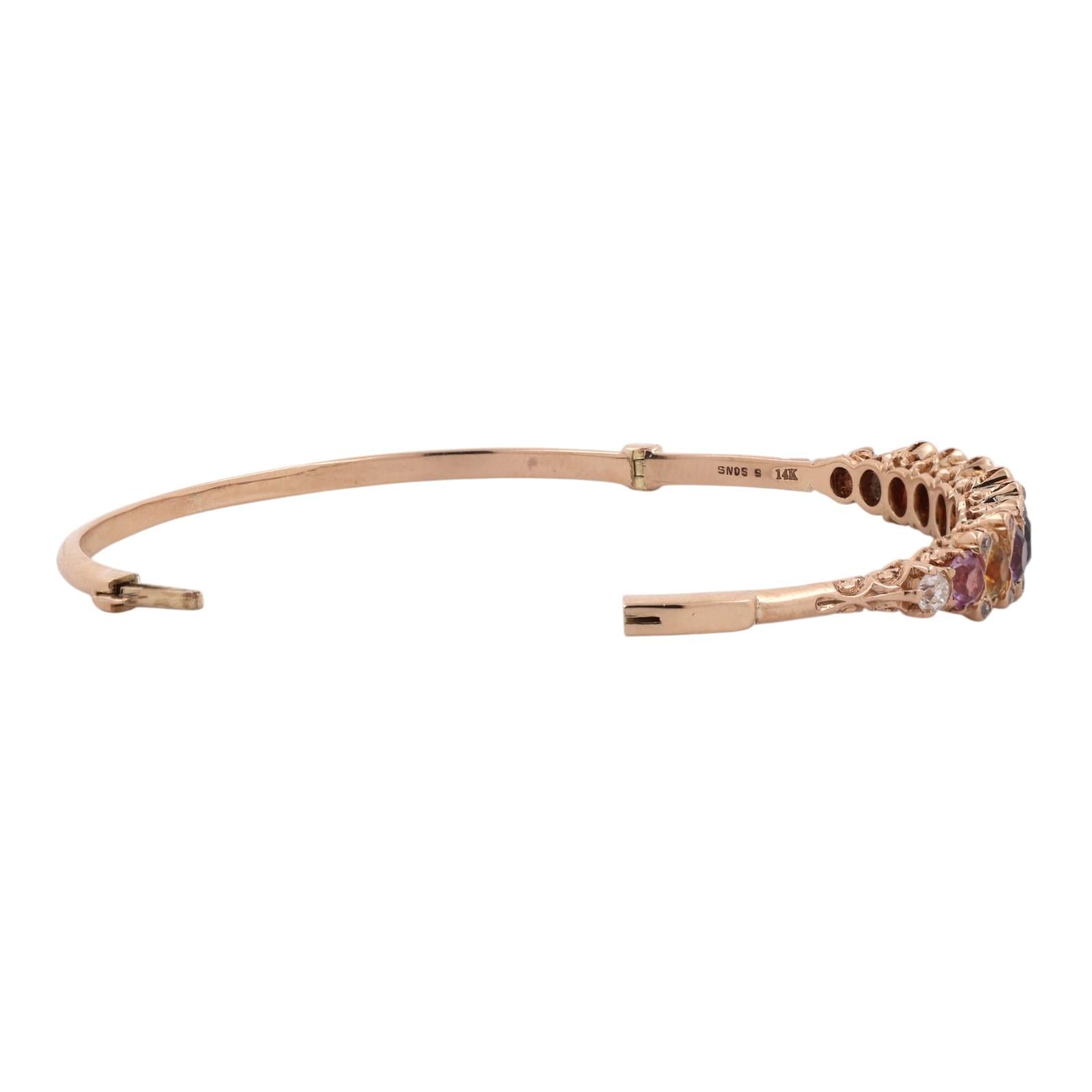 Yellow Gold Multicolored Sapphire Diamond Bangle Bracelet 4.25CTW Estate 6"