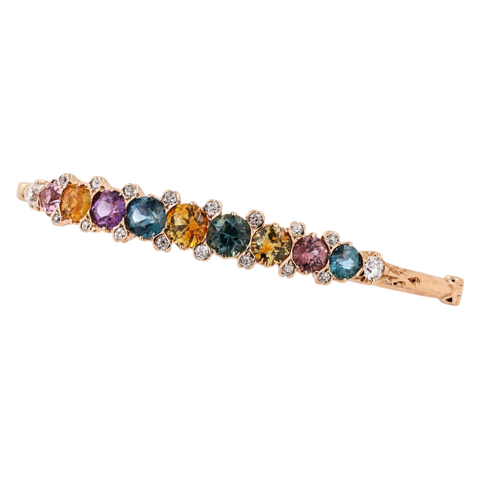 Yellow Gold Multicolored Sapphire Diamond Bangle Bracelet 4.25CTW Estate 6"