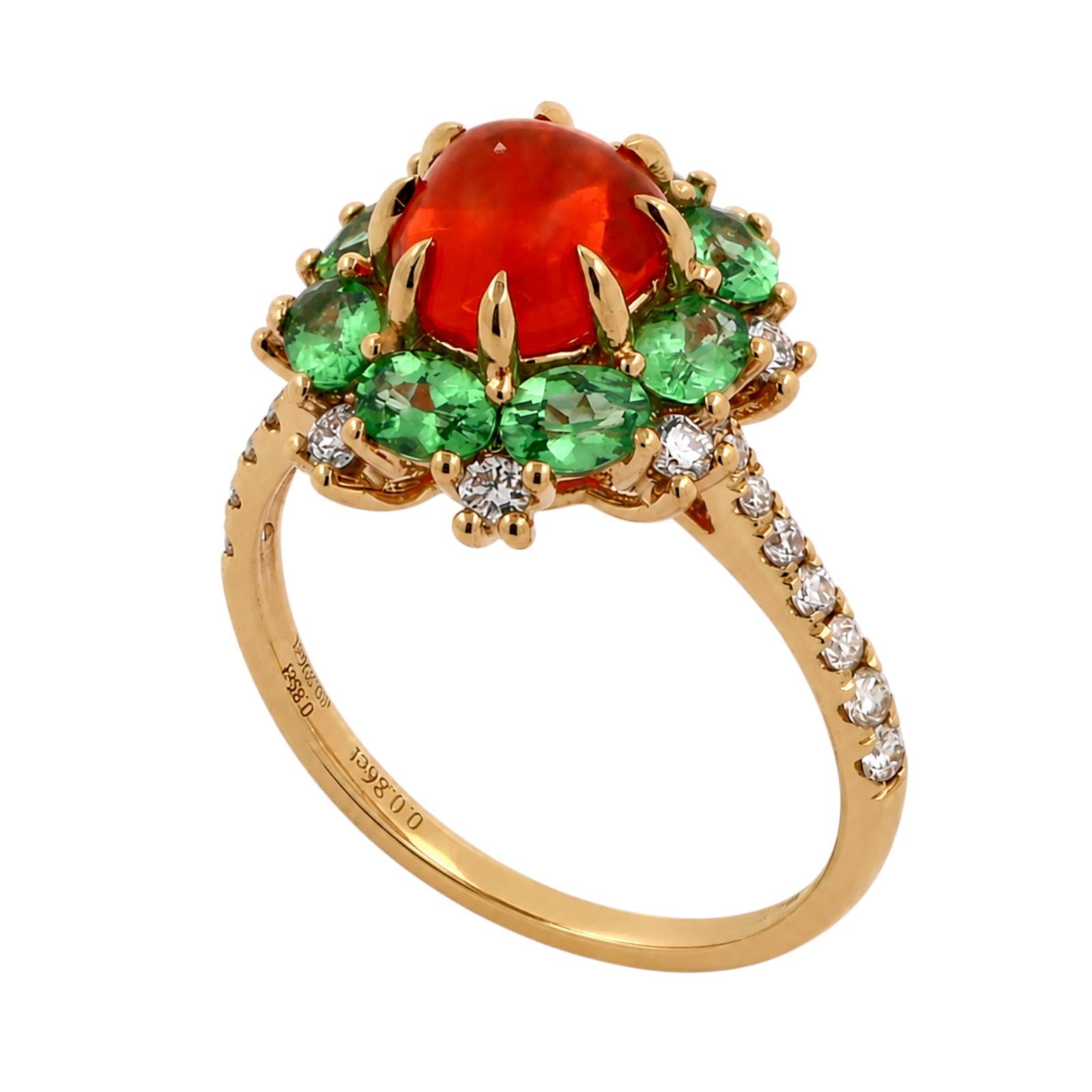 The Wind Opal Fire Opal Tsavorite Diamond Engagement Ring 18K Gold Size 5.25