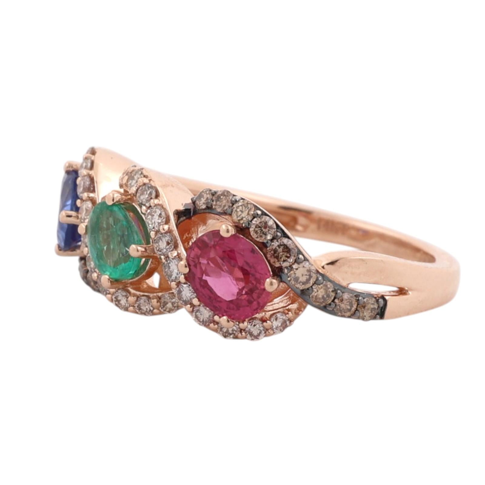 Le Vian 14K Rose Gold Ruby Emerald Sapphire Diamond Ring Size 6.25