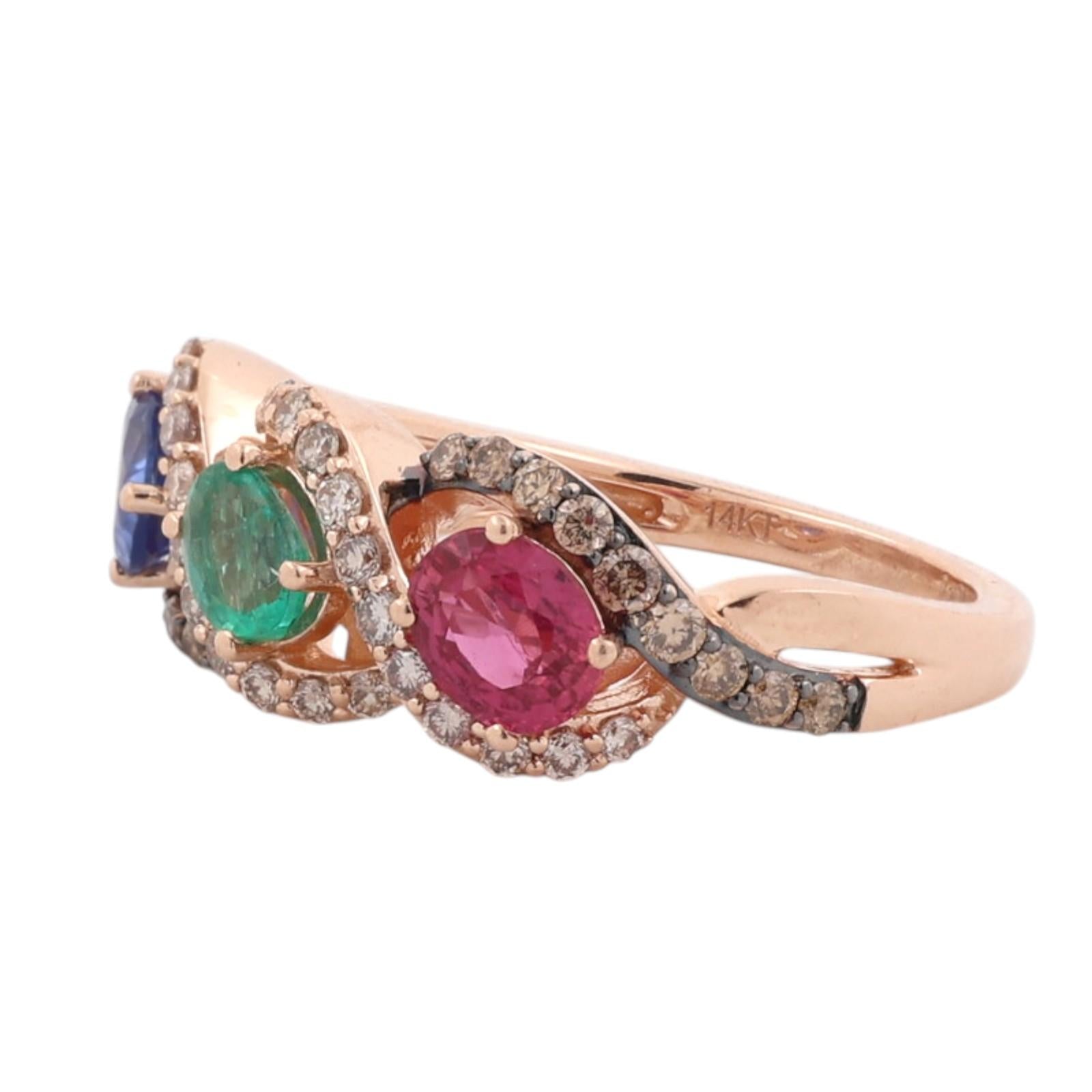 Le Vian 14K Rose Gold Ruby Emerald Sapphire Diamond Ring Size 6.25
