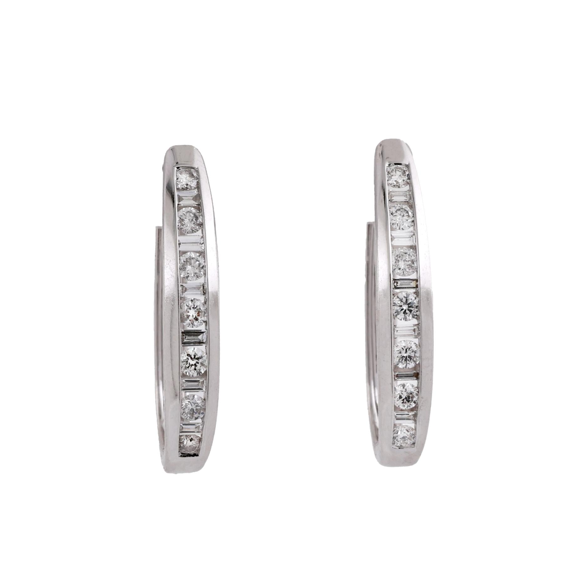 14K White Gold 1.00 CTW Natural Diamond Round Baguette Huggie Hoop Earrings