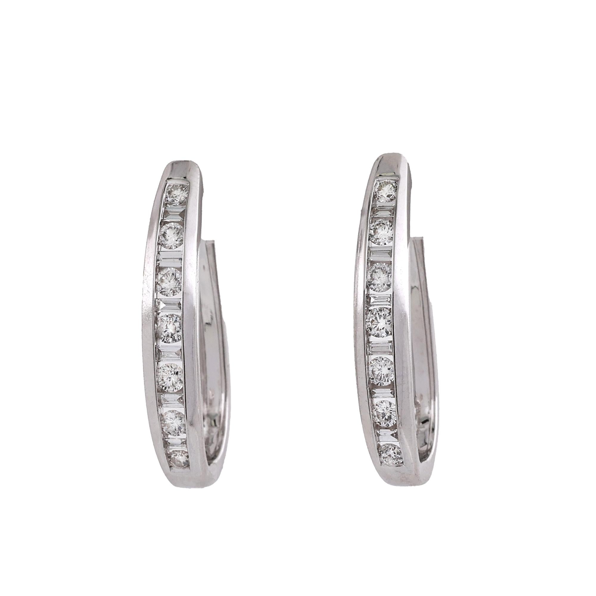 14K White Gold 1.00 CTW Natural Diamond Round Baguette Huggie Hoop Earrings