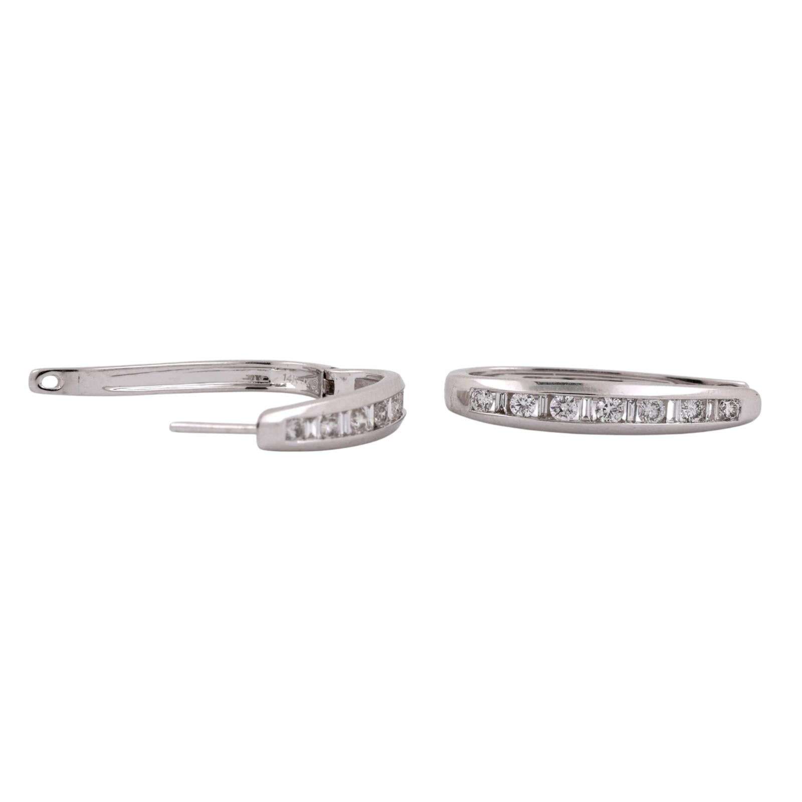 14K White Gold 1.00 CTW Natural Diamond Round Baguette Huggie Hoop Earrings