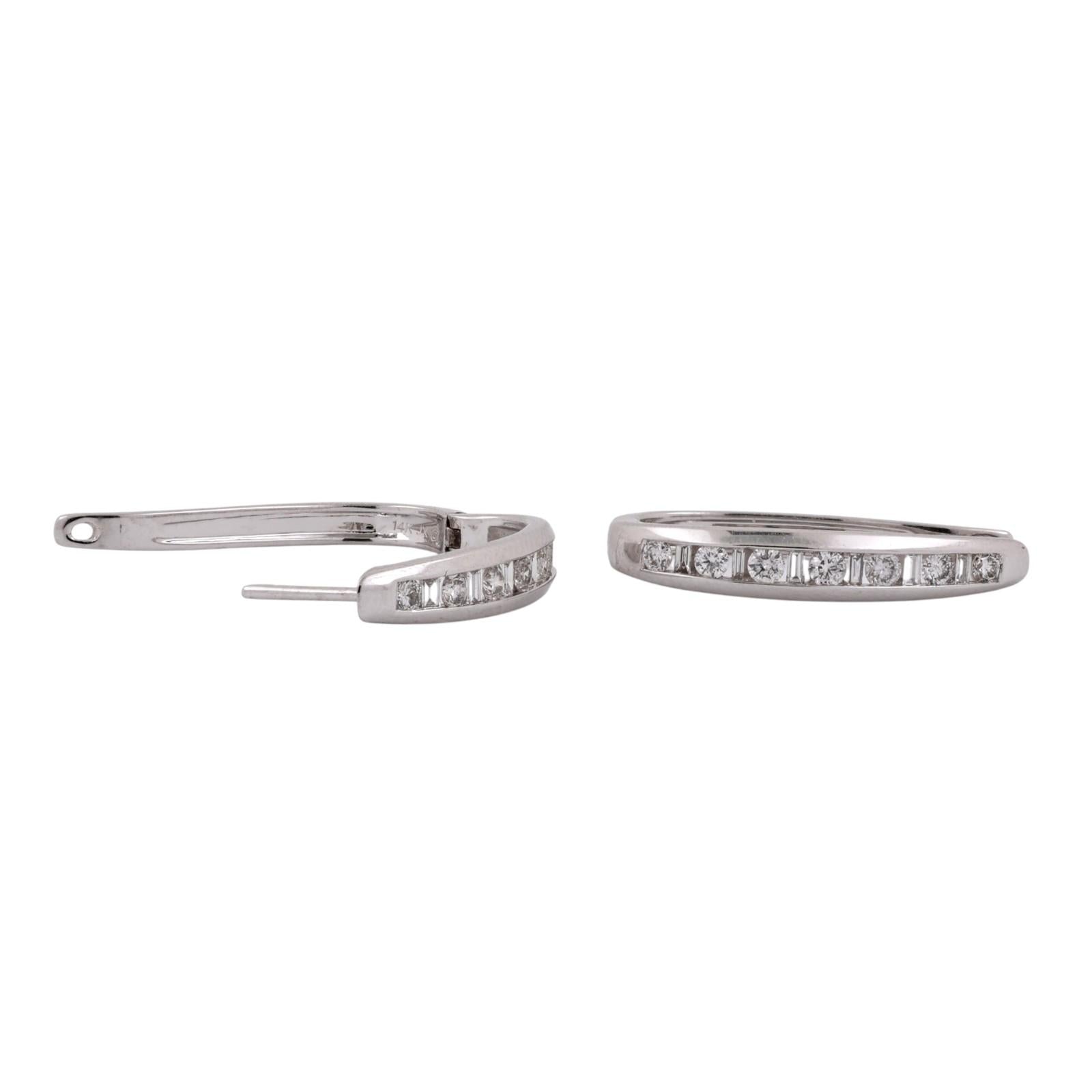 14K White Gold 1.00 CTW Natural Diamond Round Baguette Huggie Hoop Earrings