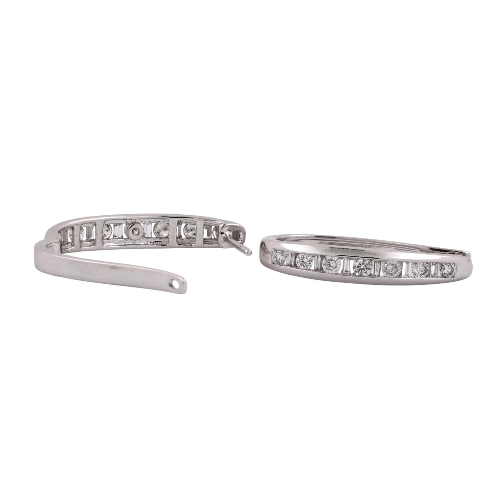 14K White Gold 1.00 CTW Natural Diamond Round Baguette Huggie Hoop Earrings