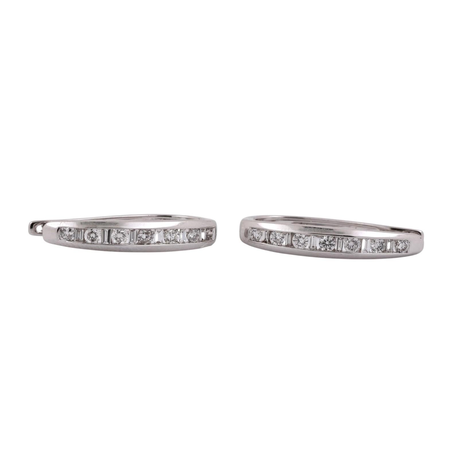 14K White Gold 1.00 CTW Natural Diamond Round Baguette Huggie Hoop Earrings