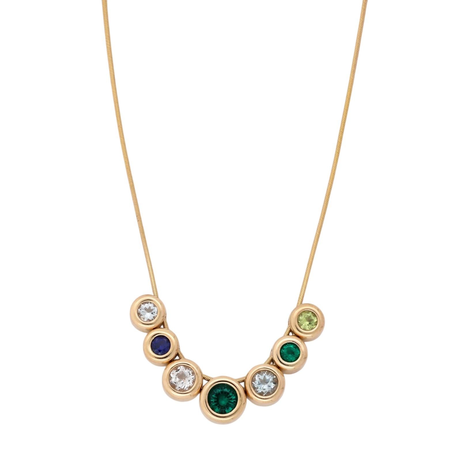 14K Gold Multi Gemstone Bezel Bubble Necklace Topaz Emerald Sapphire Peridot 17"