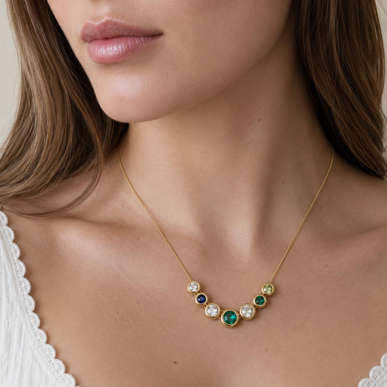 14K Gold Multi Gemstone Bezel Bubble Necklace Topaz Emerald Sapphire Peridot 17"