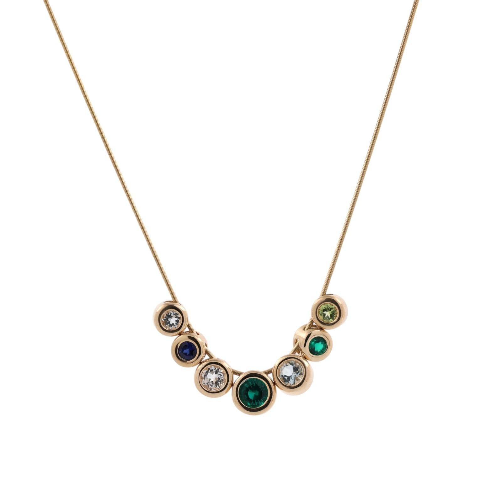 14K Gold Multi Gemstone Bezel Bubble Necklace Topaz Emerald Sapphire Peridot 17"