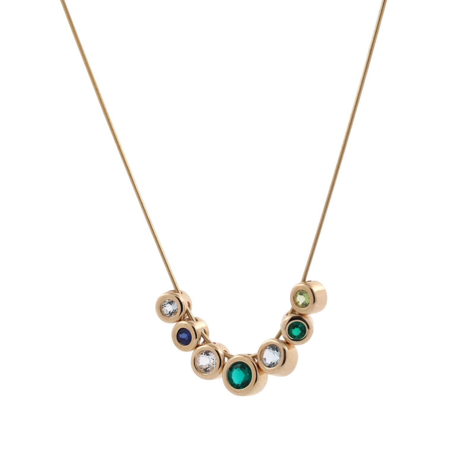 14K Gold Multi Gemstone Bezel Bubble Necklace Topaz Emerald Sapphire Peridot 17"