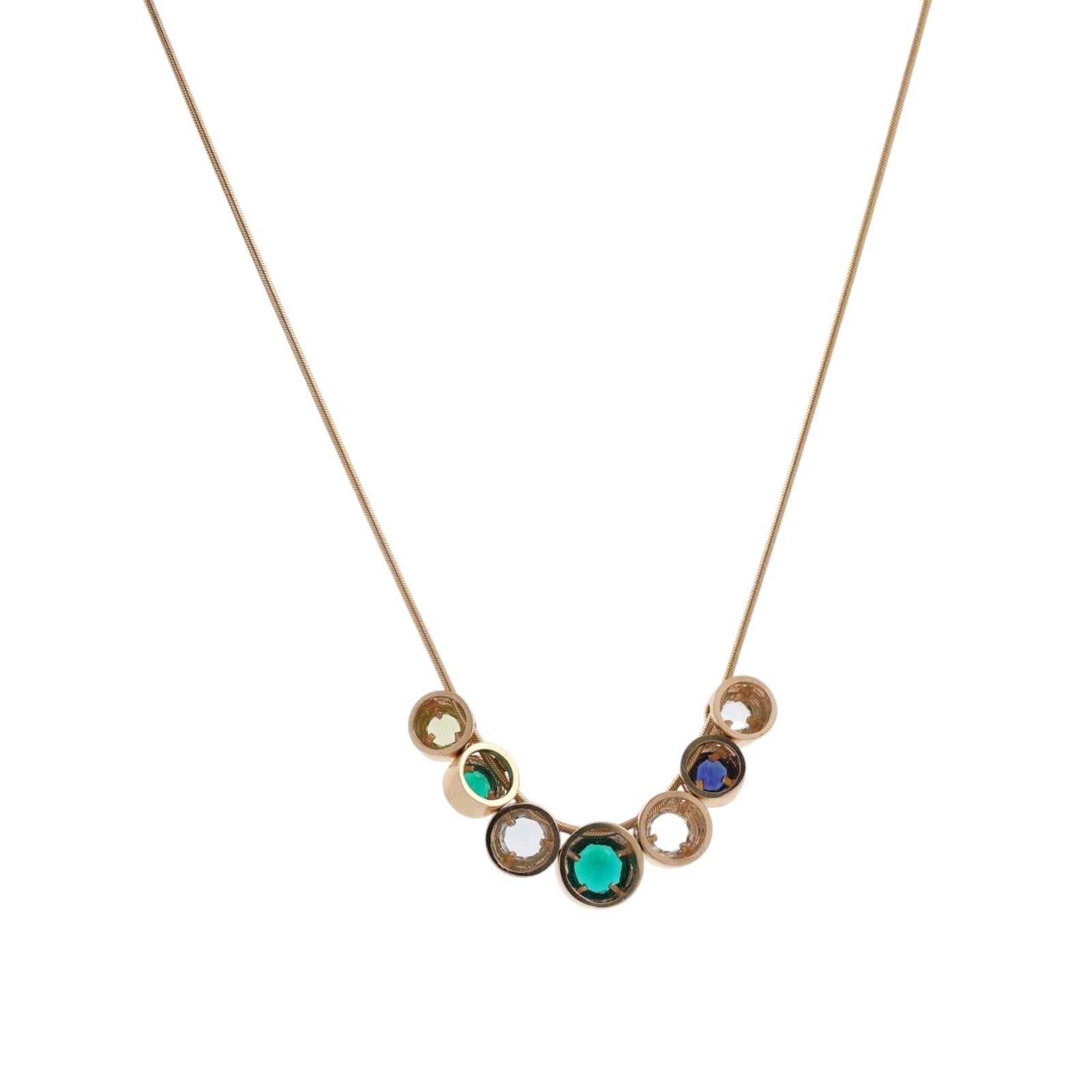 14K Gold Multi Gemstone Bezel Bubble Necklace Topaz Emerald Sapphire Peridot 17"