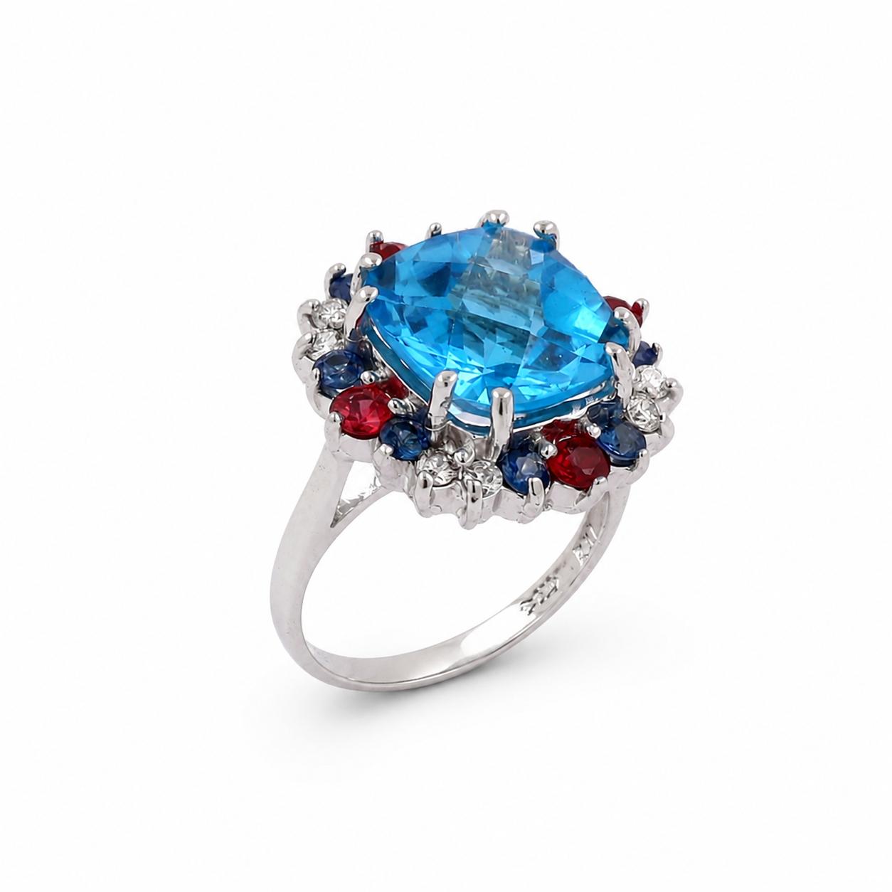 5.36CTW Blue Topaz Mixed Sapphire Diamond 14K White Gold Ring Size 6 NEW